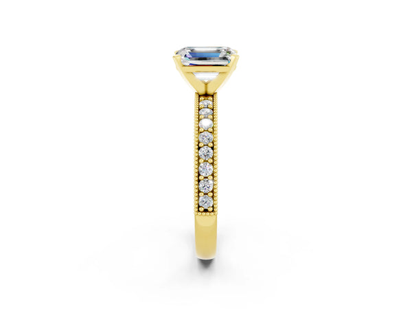 Yellow gold Emerald Cut Moissanite Milgrain Pavé Engagement Ring with Four-Prong Setting