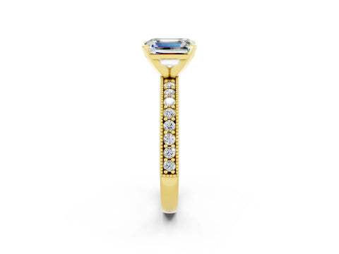 Yellow gold Emerald Cut Moissanite Milgrain Pavé Engagement Ring with Four-Prong Setting_14