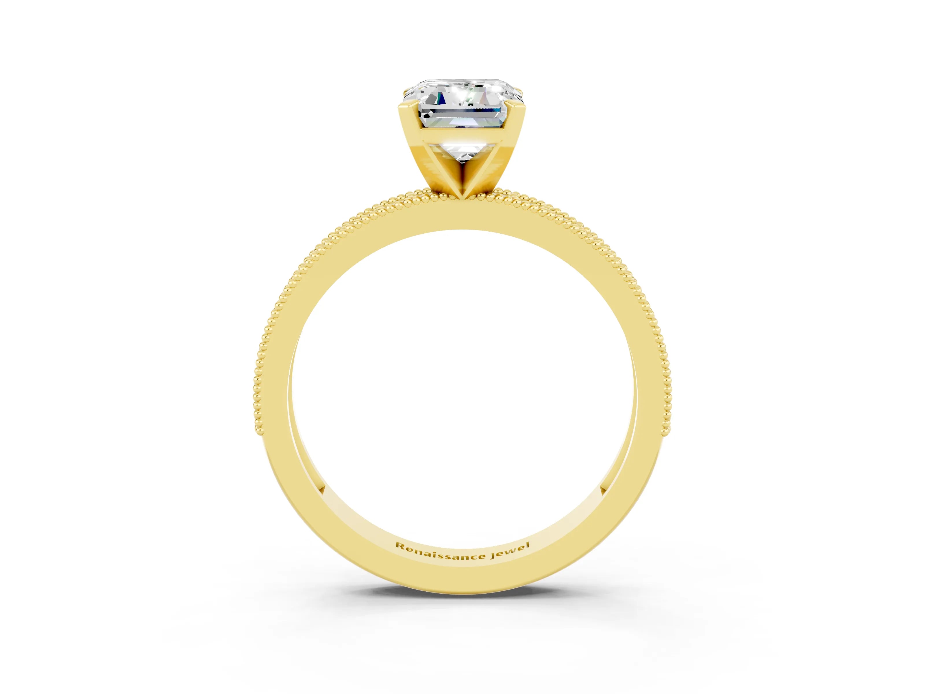 Yellow gold Emerald Cut Moissanite Milgrain Pavé Engagement Ring with Four-Prong Setting_15