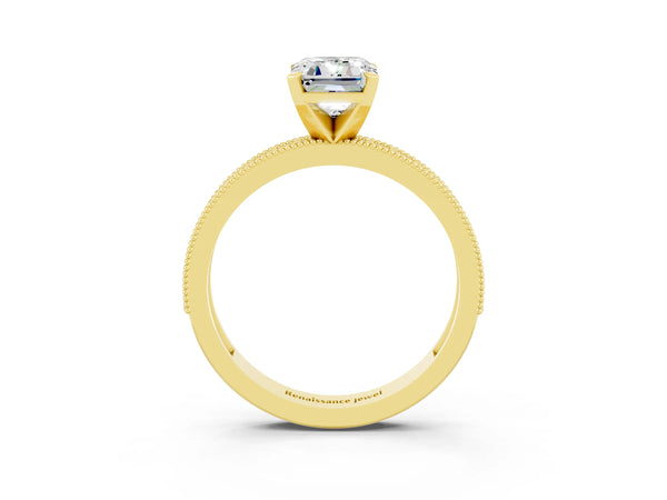 Yellow gold Emerald Cut Moissanite Milgrain Pavé Engagement Ring with Four-Prong Setting