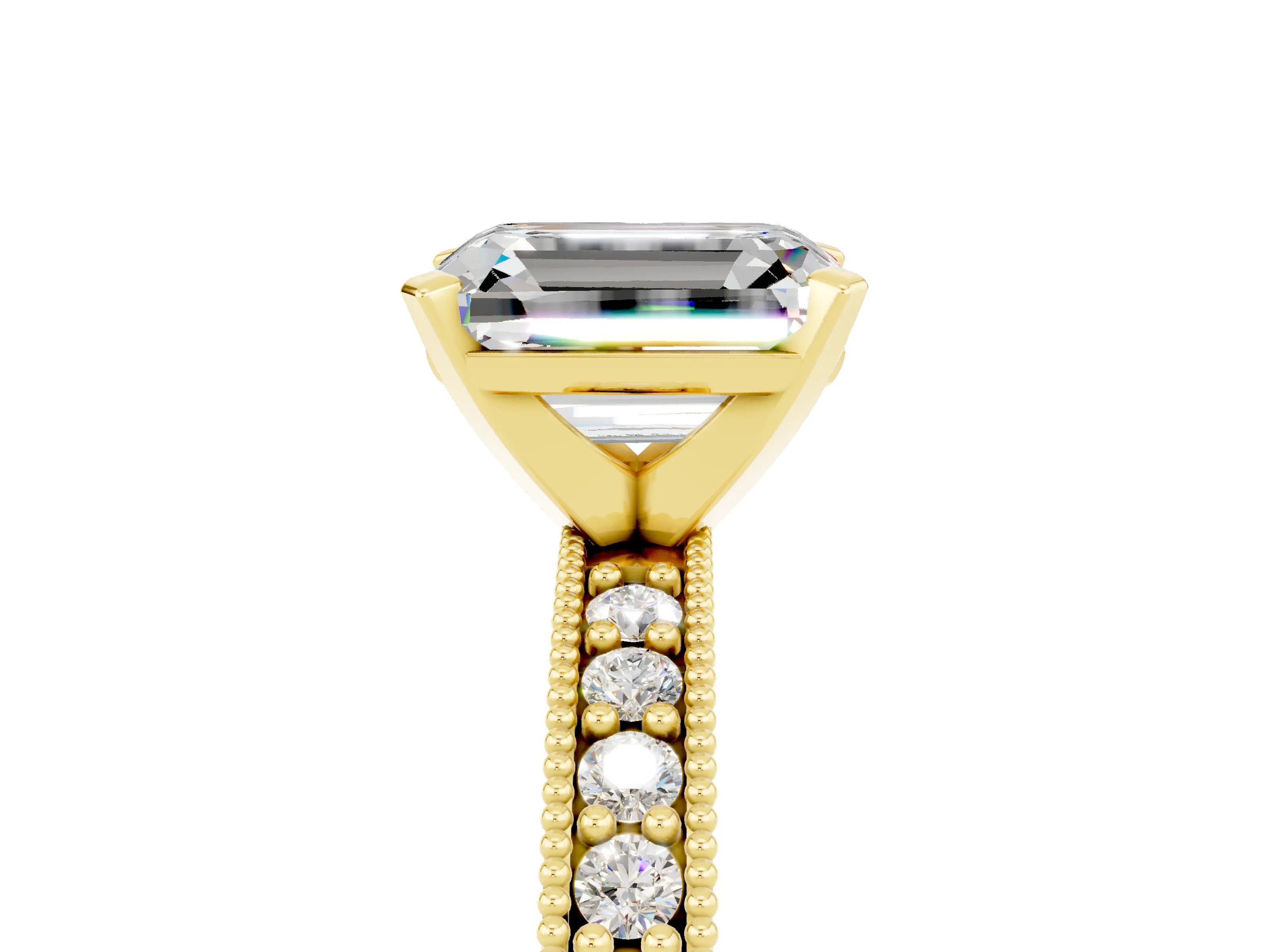 Yellow gold Emerald Cut Moissanite Milgrain Pavé Engagement Ring with Four-Prong Setting_17