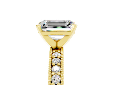 Yellow gold Emerald Cut Moissanite Milgrain Pavé Engagement Ring with Four-Prong Setting_17