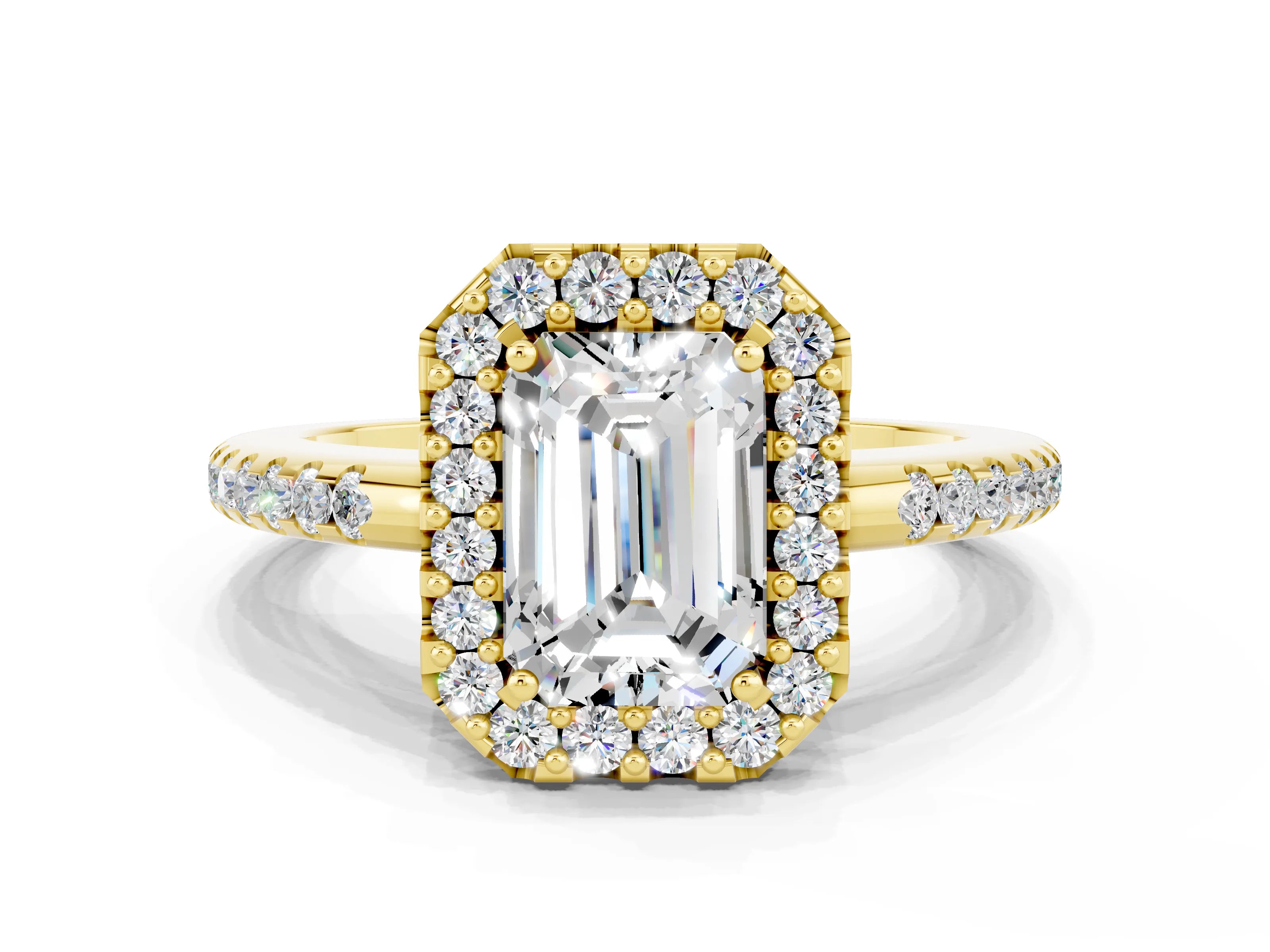 Yellow gold Emerald Cut Moissanite Pavé Halo Ring with Four-Prong Setting_12