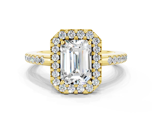Yellow gold Emerald Cut Moissanite Pavé Halo Ring with Four-Prong Setting