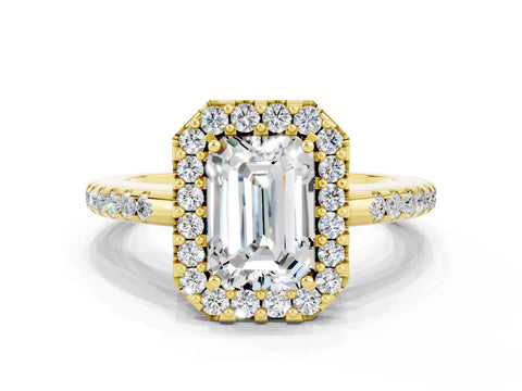 Yellow gold Emerald Cut Moissanite Pavé Halo Ring with Four-Prong Setting_12