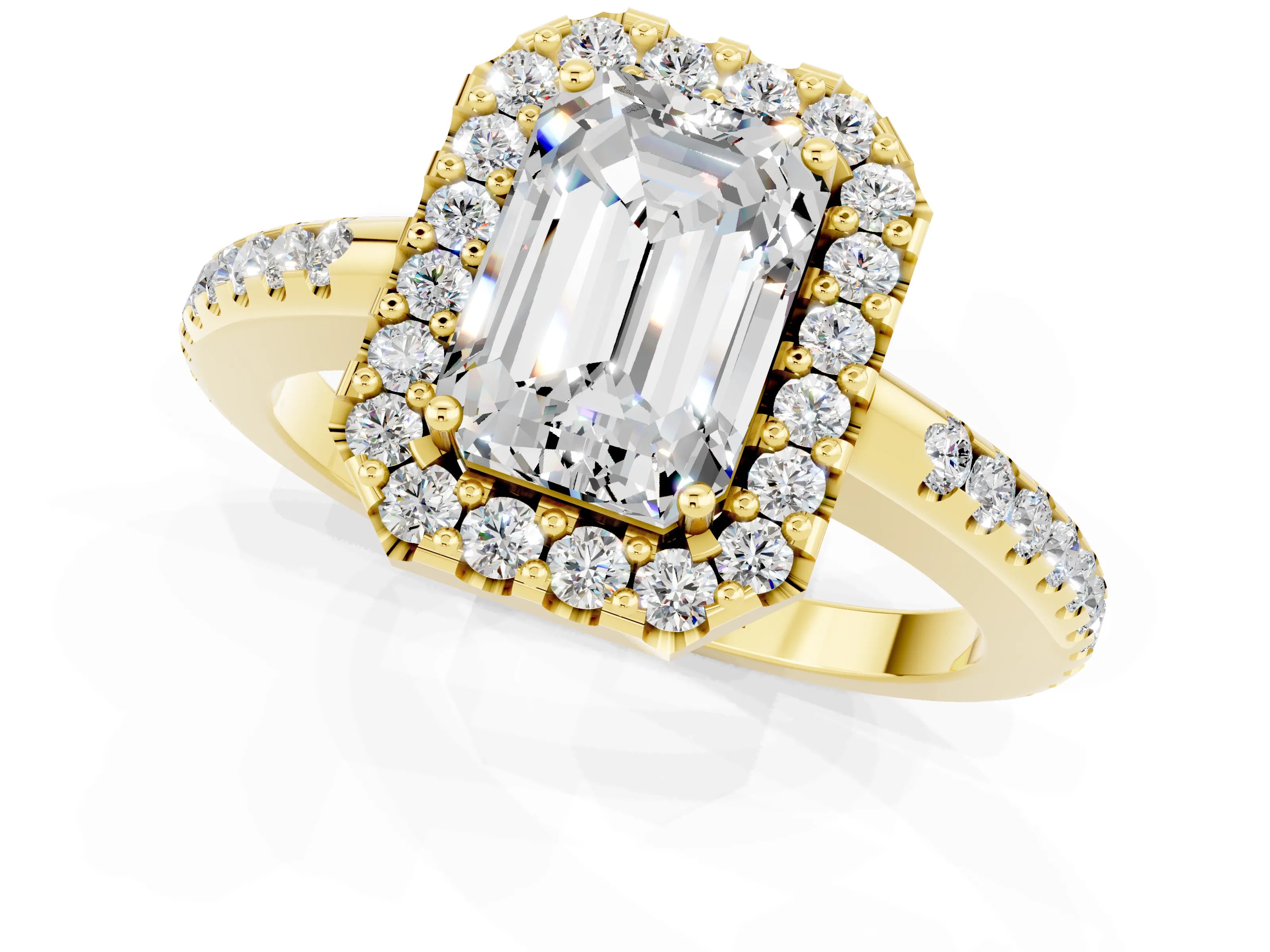 Yellow gold Emerald Cut Moissanite Pavé Halo Ring with Four-Prong Setting_13