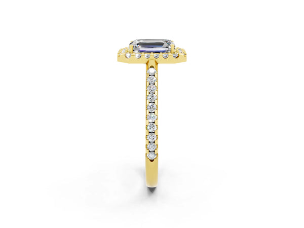 Yellow gold Emerald Cut Moissanite Pavé Halo Ring with Four-Prong Setting