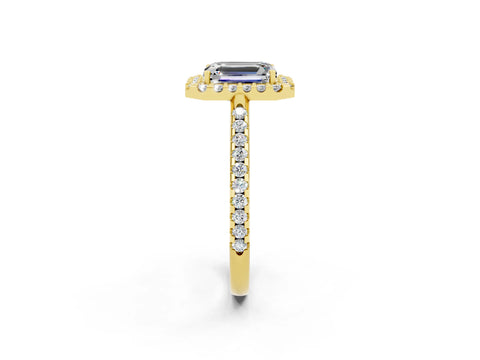Yellow gold Emerald Cut Moissanite Pavé Halo Ring with Four-Prong Setting_14