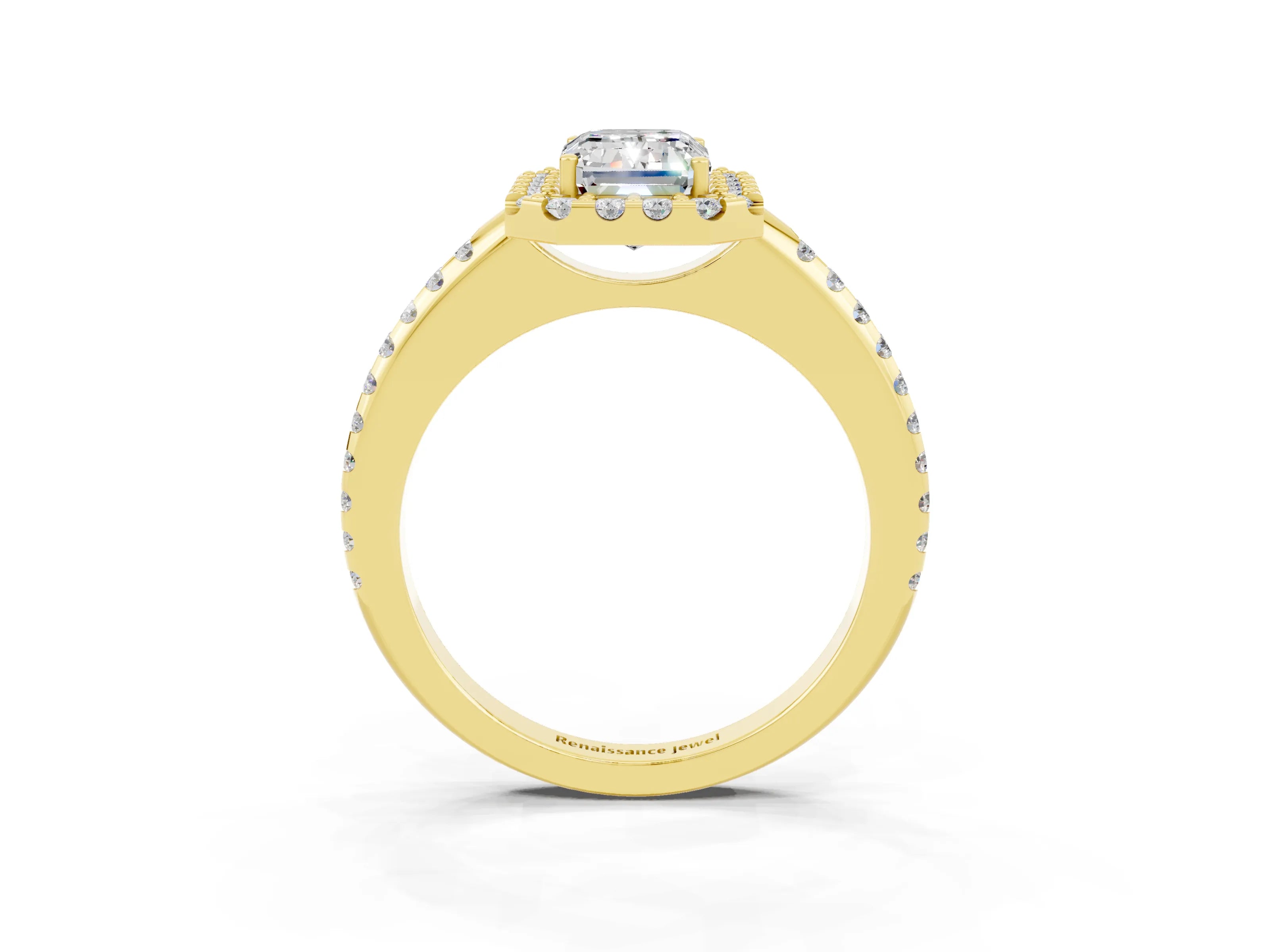 Yellow gold Emerald Cut Moissanite Pavé Halo Ring with Four-Prong Setting_15