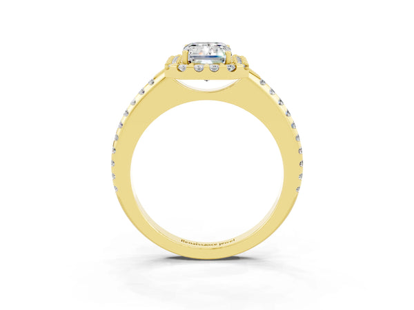 Yellow gold Emerald Cut Moissanite Pavé Halo Ring with Four-Prong Setting