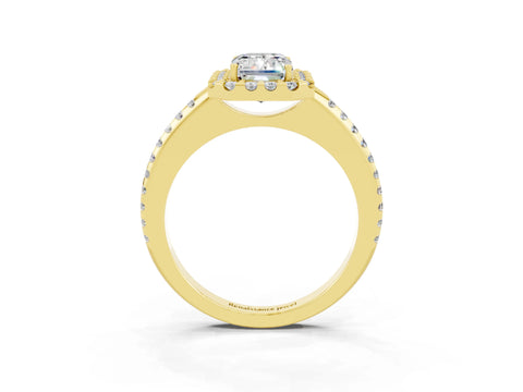 Yellow gold Emerald Cut Moissanite Pavé Halo Ring with Four-Prong Setting_15