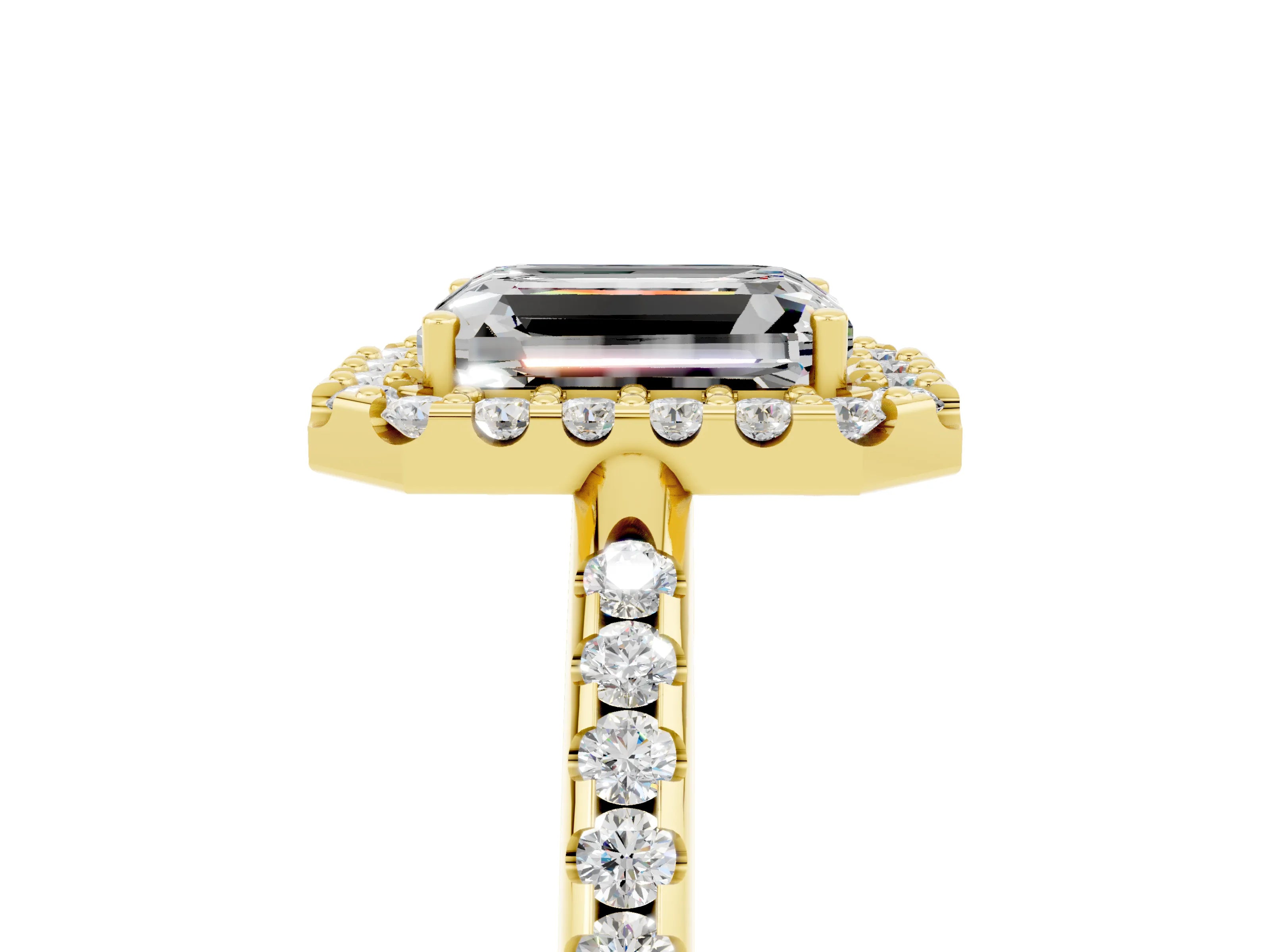 Yellow gold Emerald Cut Moissanite Pavé Halo Ring with Four-Prong Setting_17