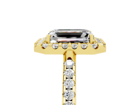 Yellow gold Emerald Cut Moissanite Pavé Halo Ring with Four-Prong Setting_17