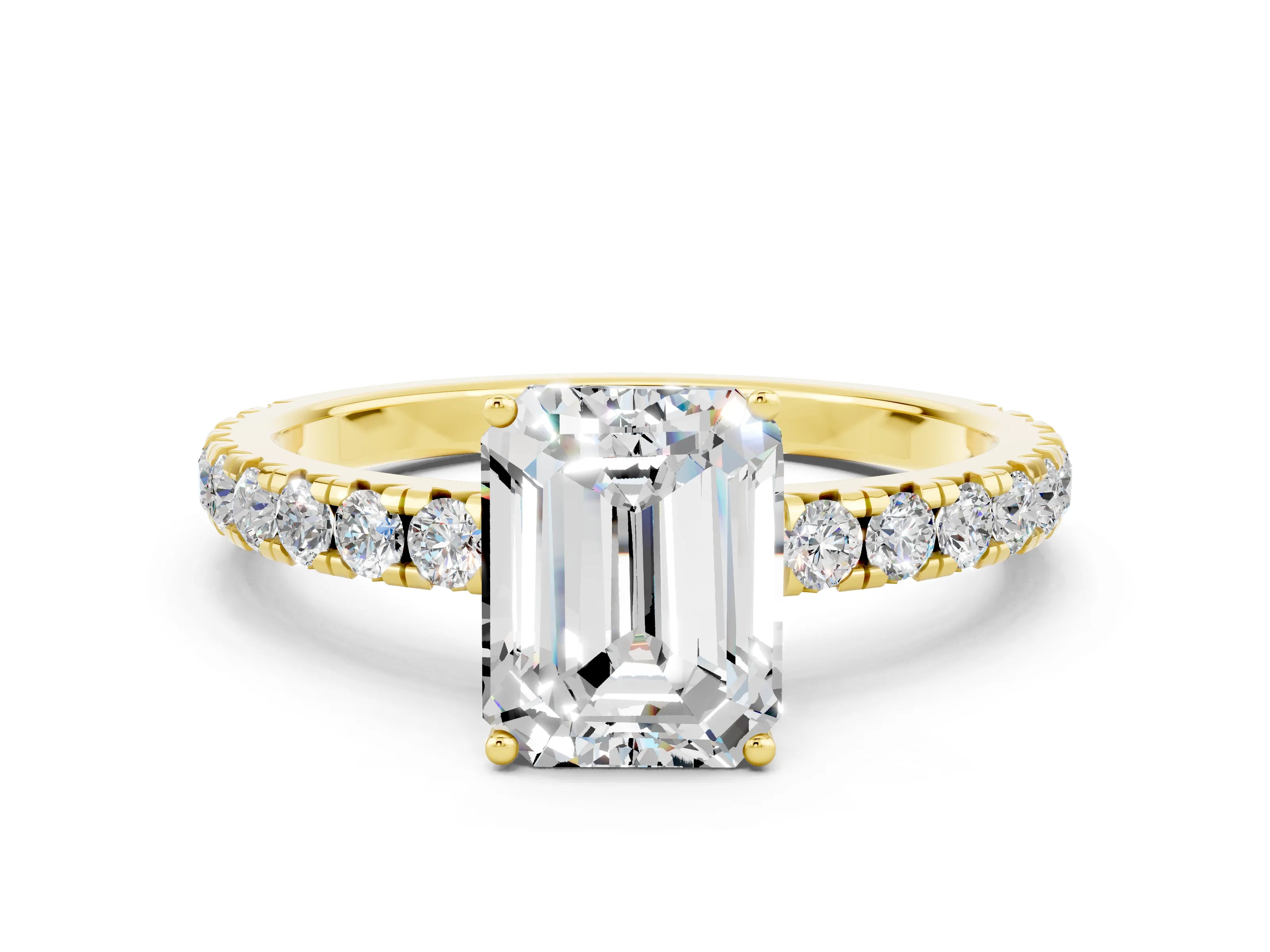 Yellow gold Emerald Cut Moissanite Pavé Solitaire Engagement Ring with Four-Prong Setting_12