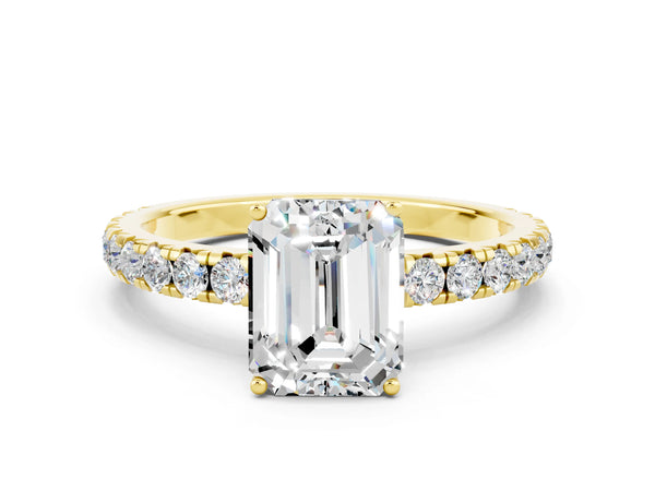 Yellow gold Emerald Cut Moissanite Pavé Solitaire Engagement Ring with Four-Prong Setting