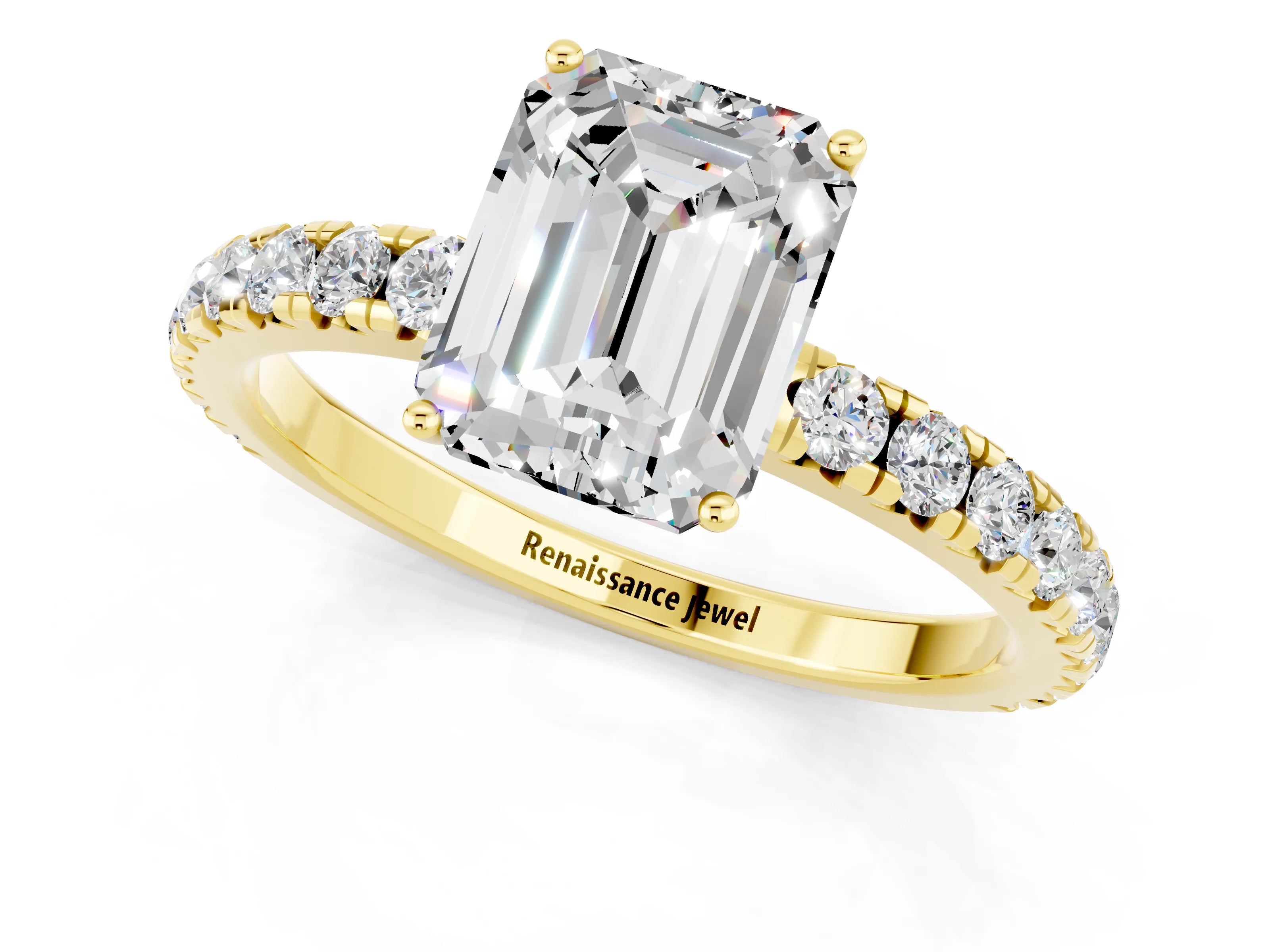 Yellow gold Emerald Cut Moissanite Pavé Solitaire Engagement Ring with Four-Prong Setting_13