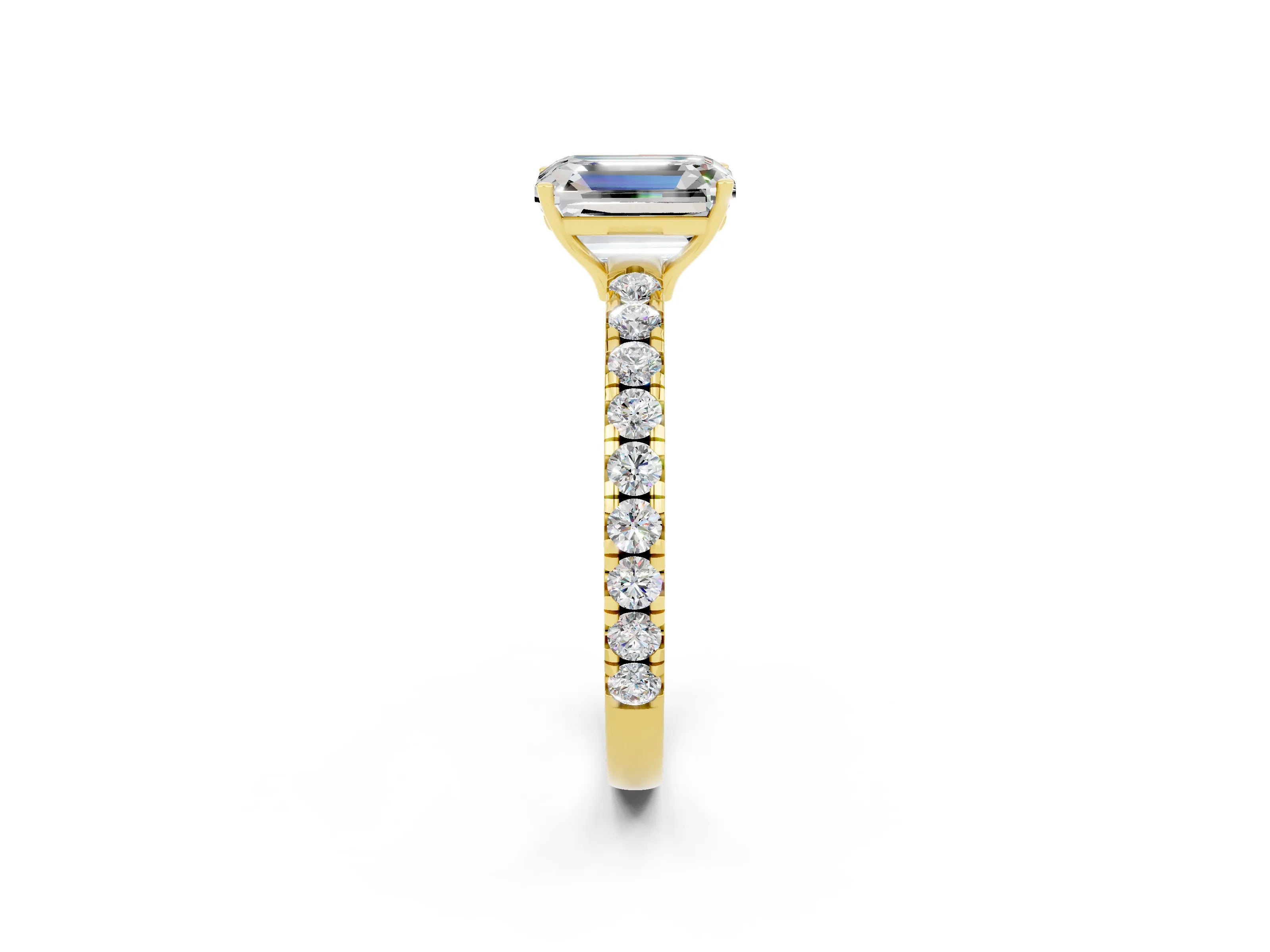 Yellow gold Emerald Cut Moissanite Pavé Solitaire Engagement Ring with Four-Prong Setting_14