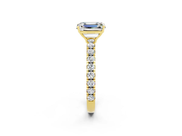 Yellow gold Emerald Cut Moissanite Pavé Solitaire Engagement Ring with Four-Prong Setting