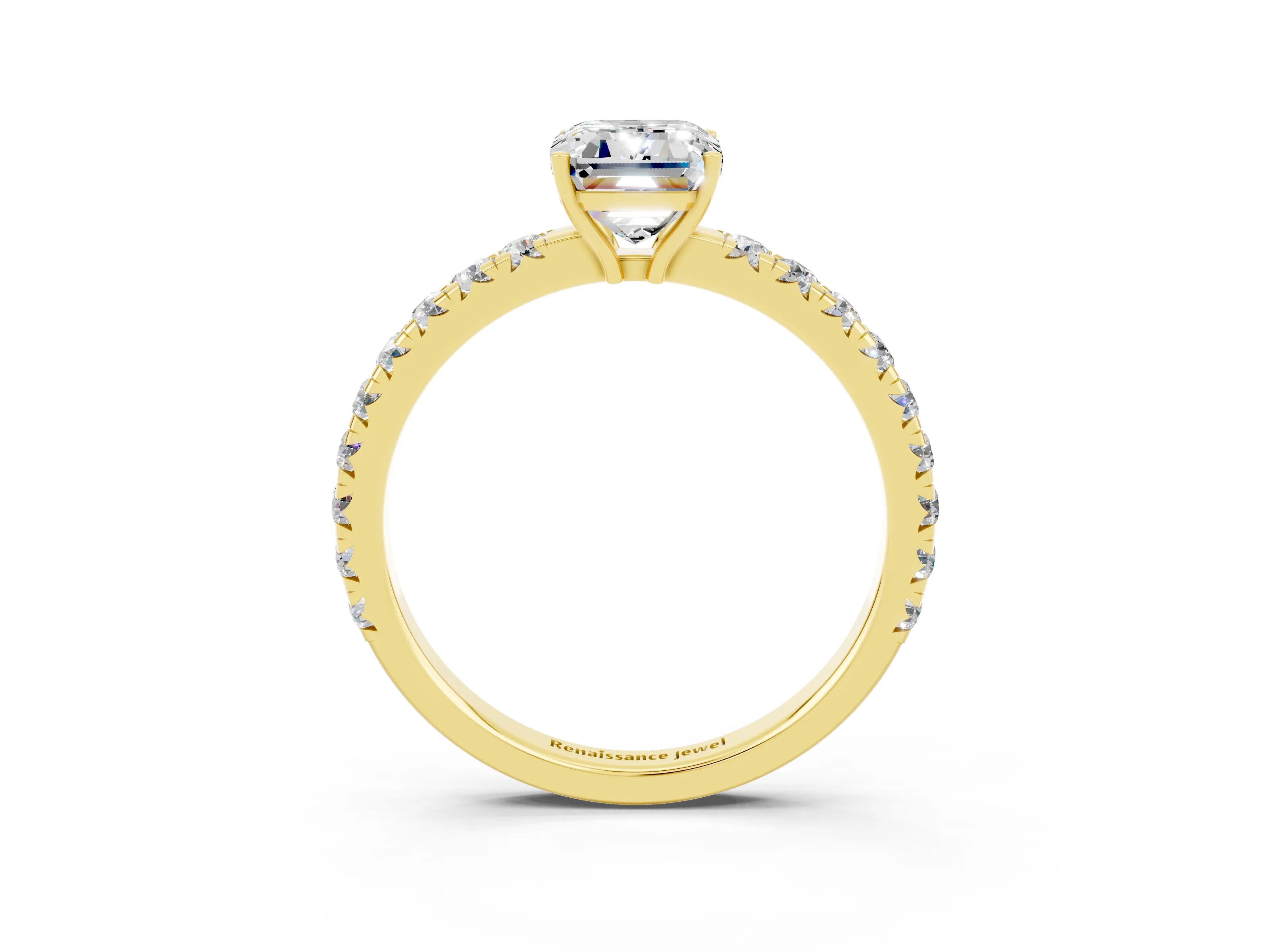Yellow gold Emerald Cut Moissanite Pavé Solitaire Engagement Ring with Four-Prong Setting_15