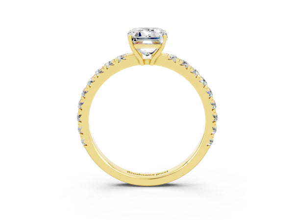 Yellow gold Emerald Cut Moissanite Pavé Solitaire Engagement Ring with Four-Prong Setting