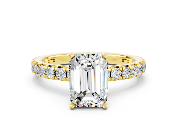 Yellow gold Emerald Cut Moissanite Pavé Solitaire Ring with Round Band and Prong Setting
