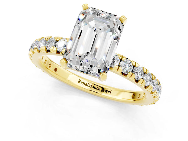 Yellow gold Emerald Cut Moissanite Pavé Solitaire Ring with Round Band and Prong Setting