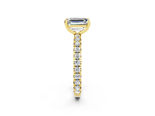 Yellow gold Emerald Cut Moissanite Pavé Solitaire Ring with Round Band and Prong Setting