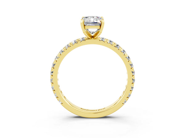 Yellow gold Emerald Cut Moissanite Pavé Solitaire Ring with Round Band and Prong Setting