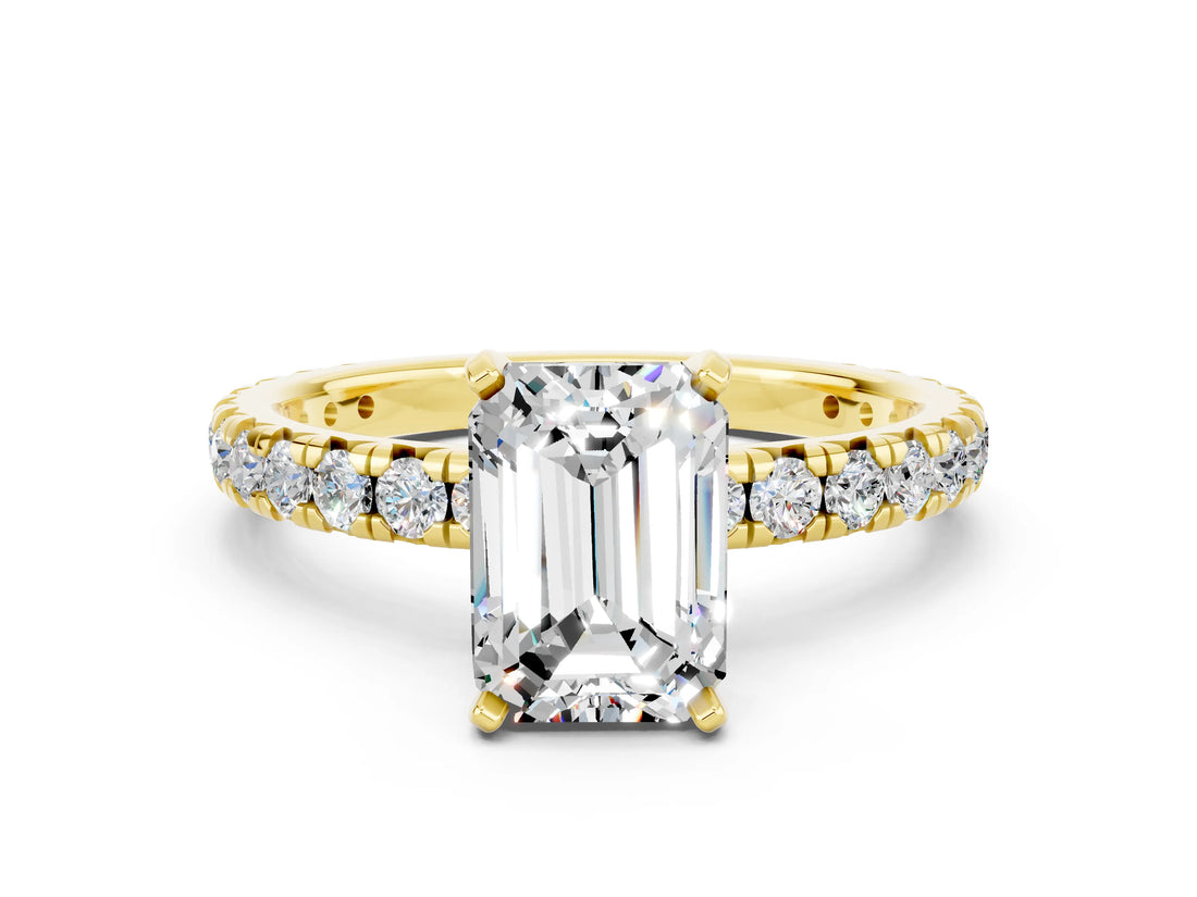 Yellow gold Emerald Cut Moissanite Pavé Solitaire Ring with Round Band and Prong Setting_24