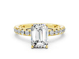 Yellow gold Emerald Cut Moissanite Pavé Solitaire Ring with Round Band and Prong Setting_24
