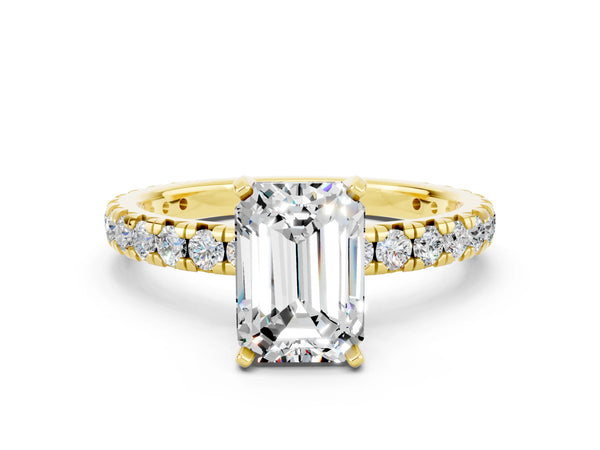 Yellow gold Emerald Cut Moissanite Pavé Solitaire Ring with Round Band and Prong Setting