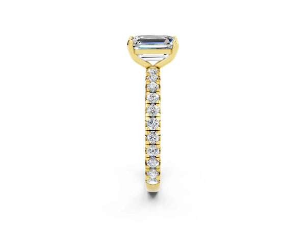 Yellow gold Emerald Cut Moissanite Pavé Solitaire Ring with Round Band and Prong Setting