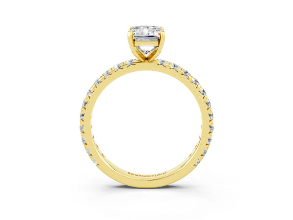 Yellow gold Emerald Cut Moissanite Pavé Solitaire Ring with Round Band and Prong Setting