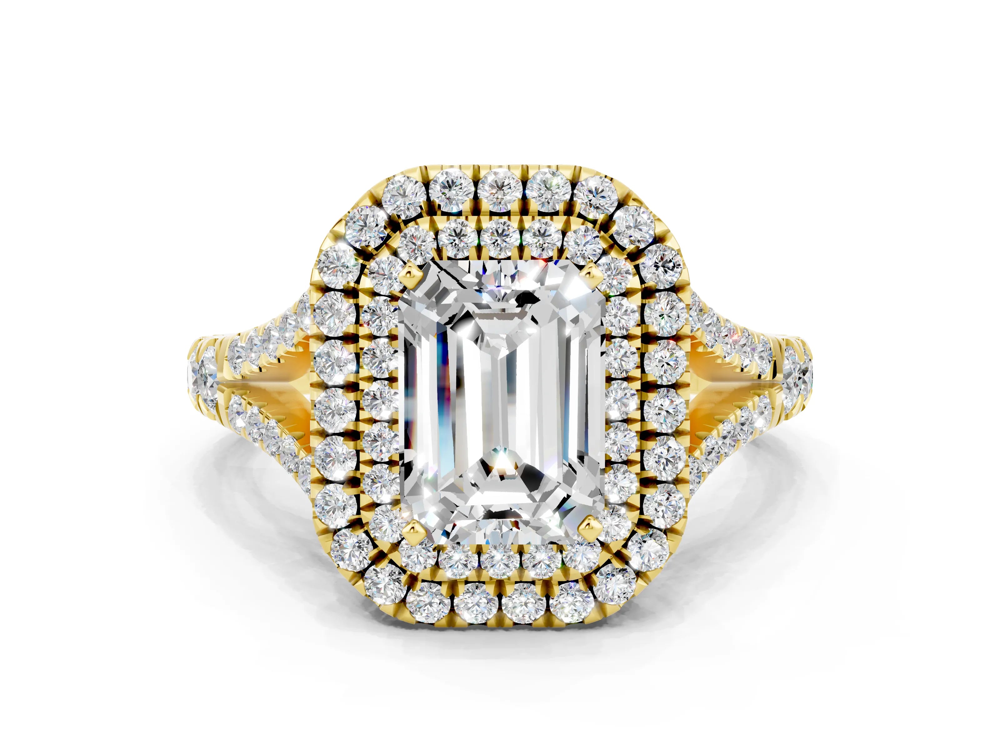 Yellow gold Emerald Cut Moissanite Pavé Split Shank Double Halo Engagement Ring