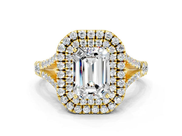 Yellow gold Emerald Cut Moissanite Pavé Split Shank Double Halo Engagement Ring