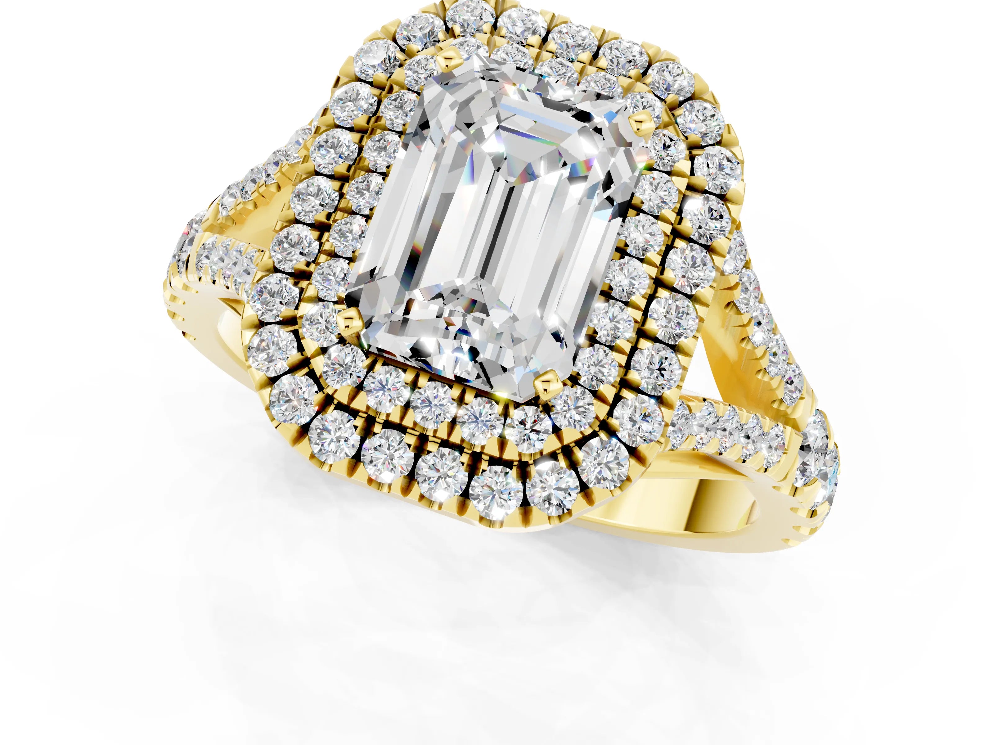 Yellow gold Emerald Cut Moissanite Pavé Split Shank Double Halo Engagement Ring_1