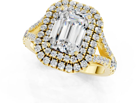 Yellow gold Emerald Cut Moissanite Pavé Split Shank Double Halo Engagement Ring_1