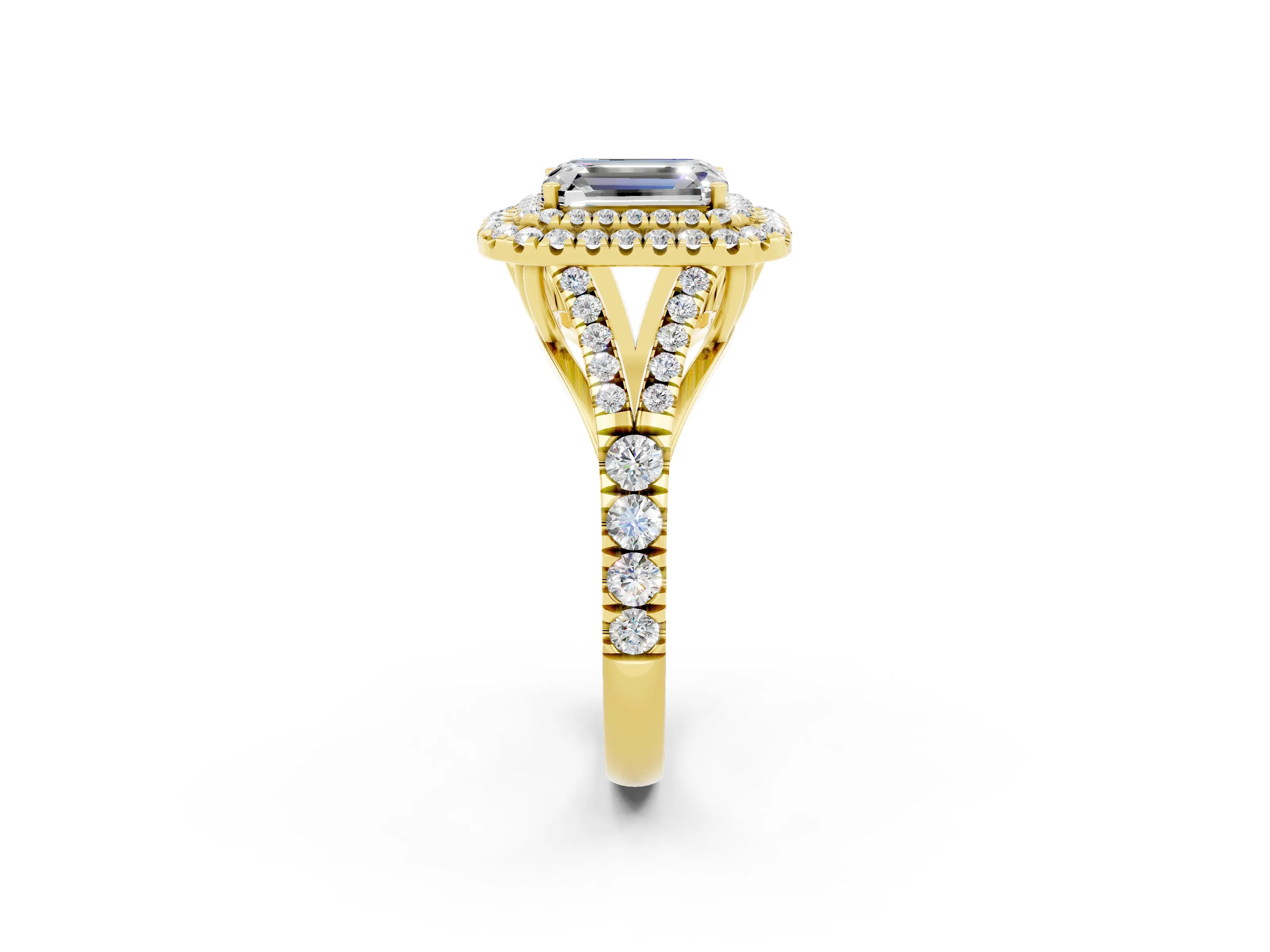 Yellow gold Emerald Cut Moissanite Pavé Split Shank Double Halo Engagement Ring_2