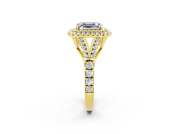 Yellow gold Emerald Cut Moissanite Pavé Split Shank Double Halo Engagement Ring