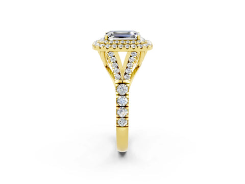 Yellow gold Emerald Cut Moissanite Pavé Split Shank Double Halo Engagement Ring_2