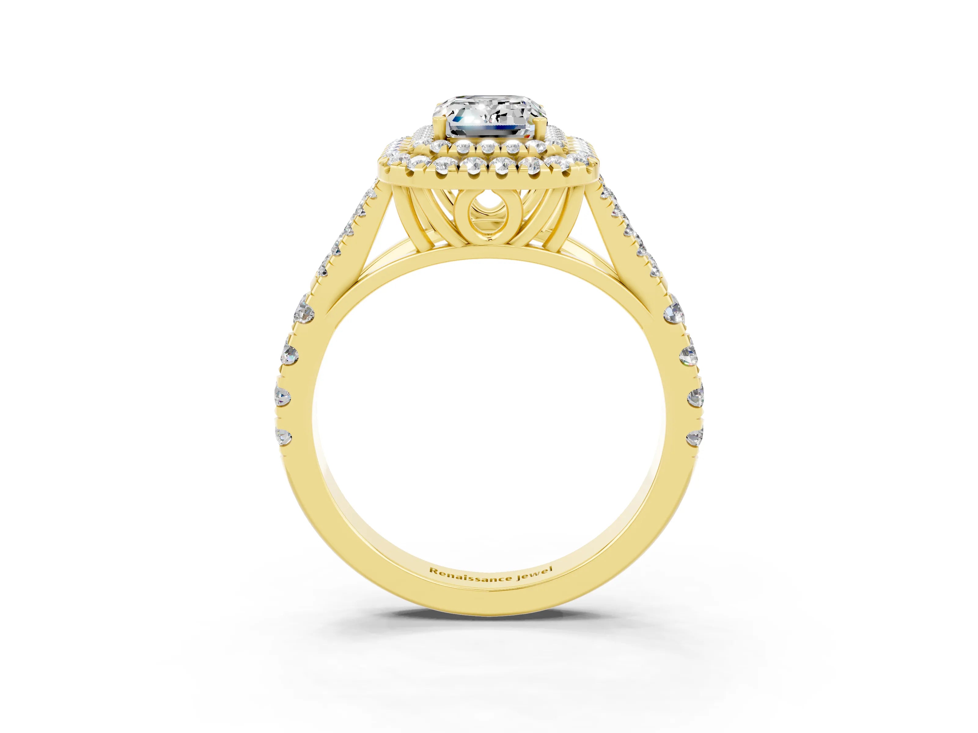 Yellow gold Emerald Cut Moissanite Pavé Split Shank Double Halo Engagement Ring_3