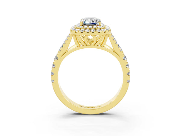 Yellow gold Emerald Cut Moissanite Pavé Split Shank Double Halo Engagement Ring