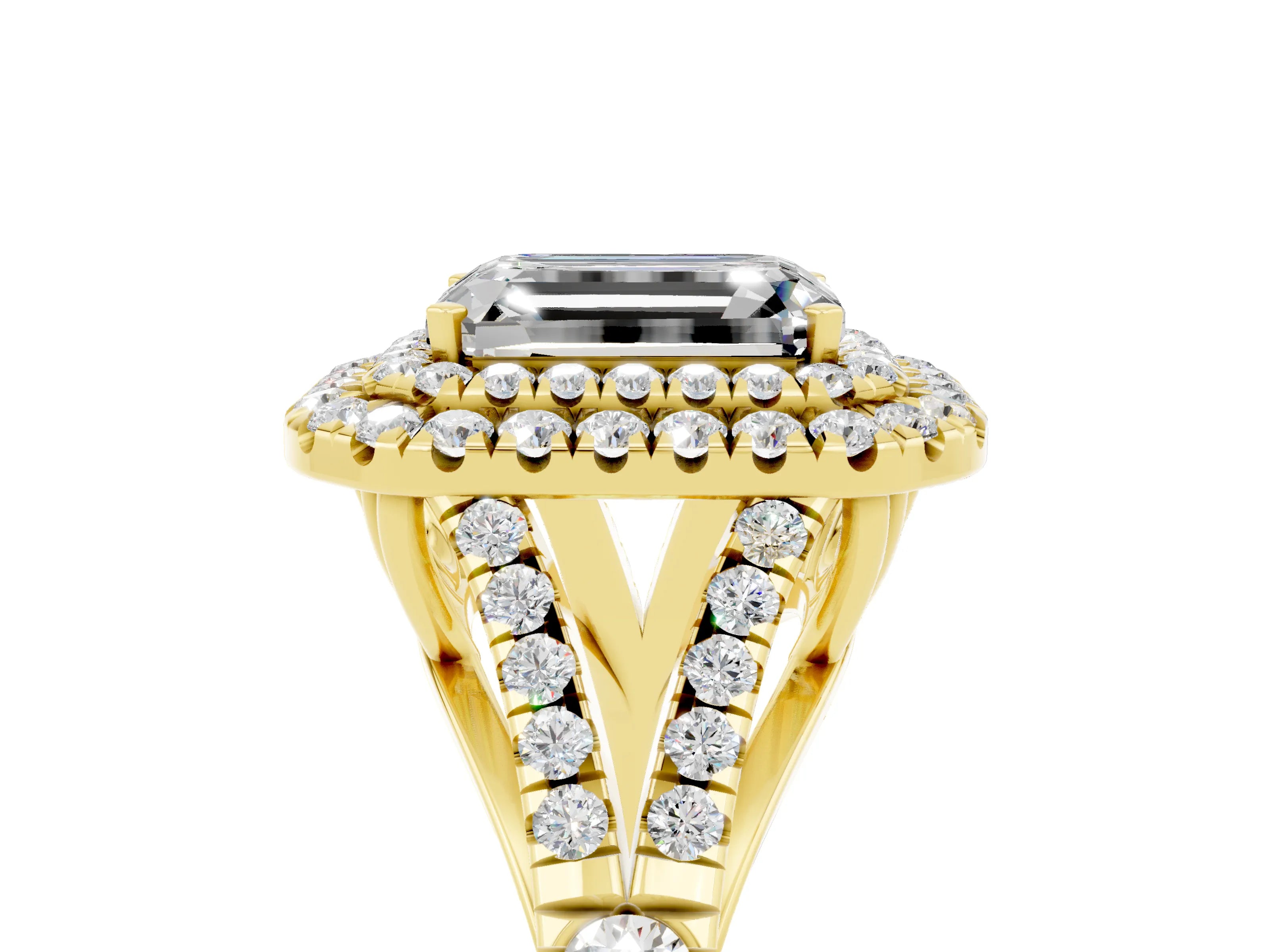 Yellow gold Emerald Cut Moissanite Pavé Split Shank Double Halo Engagement Ring_5