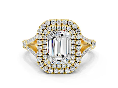 Yellow gold Emerald Cut Moissanite Pavé Split Shank Double Halo Engagement Ring