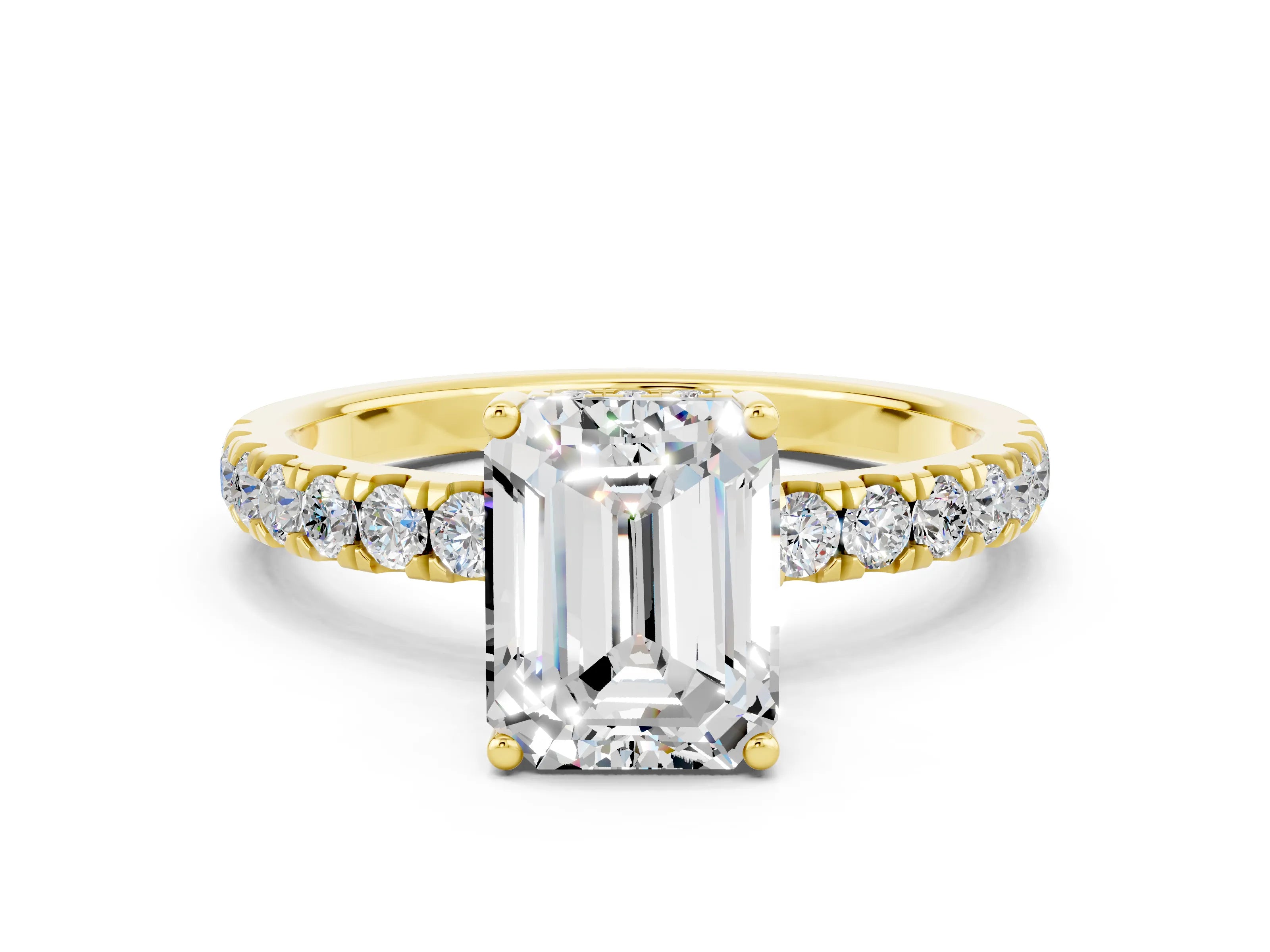 Yellow gold Emerald Cut Moissanite Pave Band Solitaire Ring with Four-Prong Setting_24