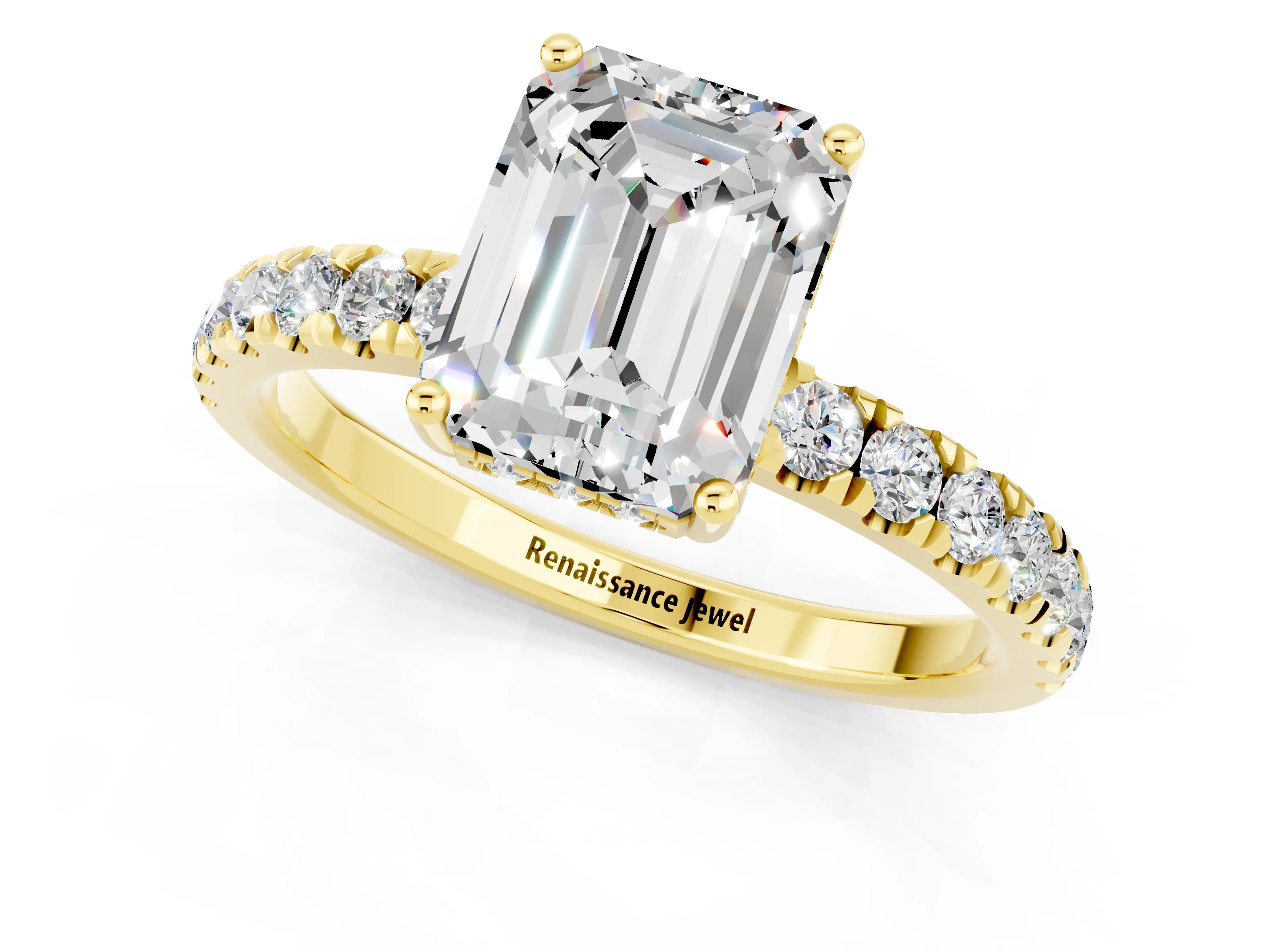 Yellow gold Emerald Cut Moissanite Pave Band Solitaire Ring with Four-Prong Setting_25