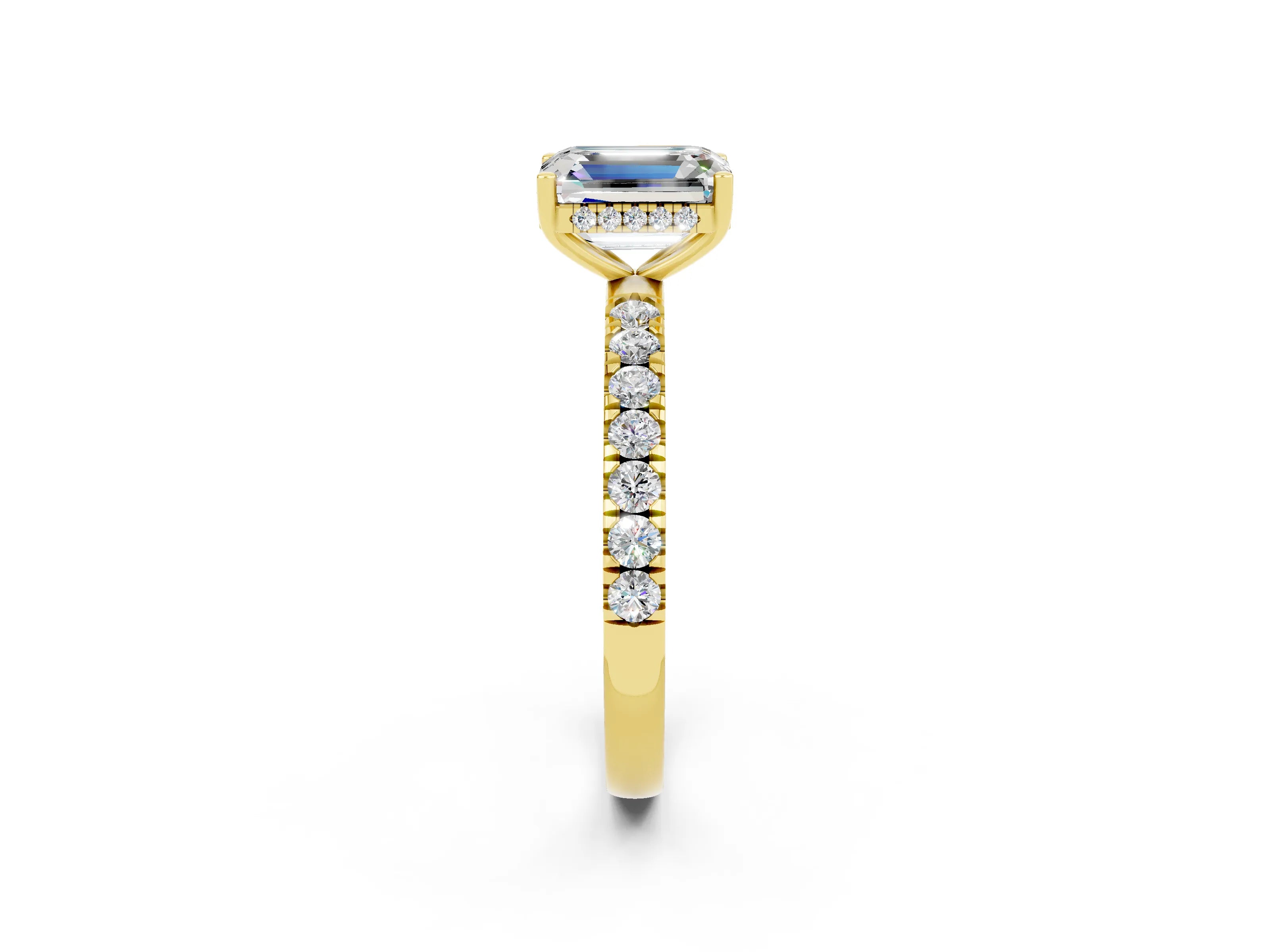 Yellow gold Emerald Cut Moissanite Pave Band Solitaire Ring with Four-Prong Setting_26