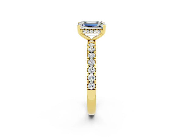 Yellow gold Emerald Cut Moissanite Pave Band Solitaire Ring with Round  and Prong Setting