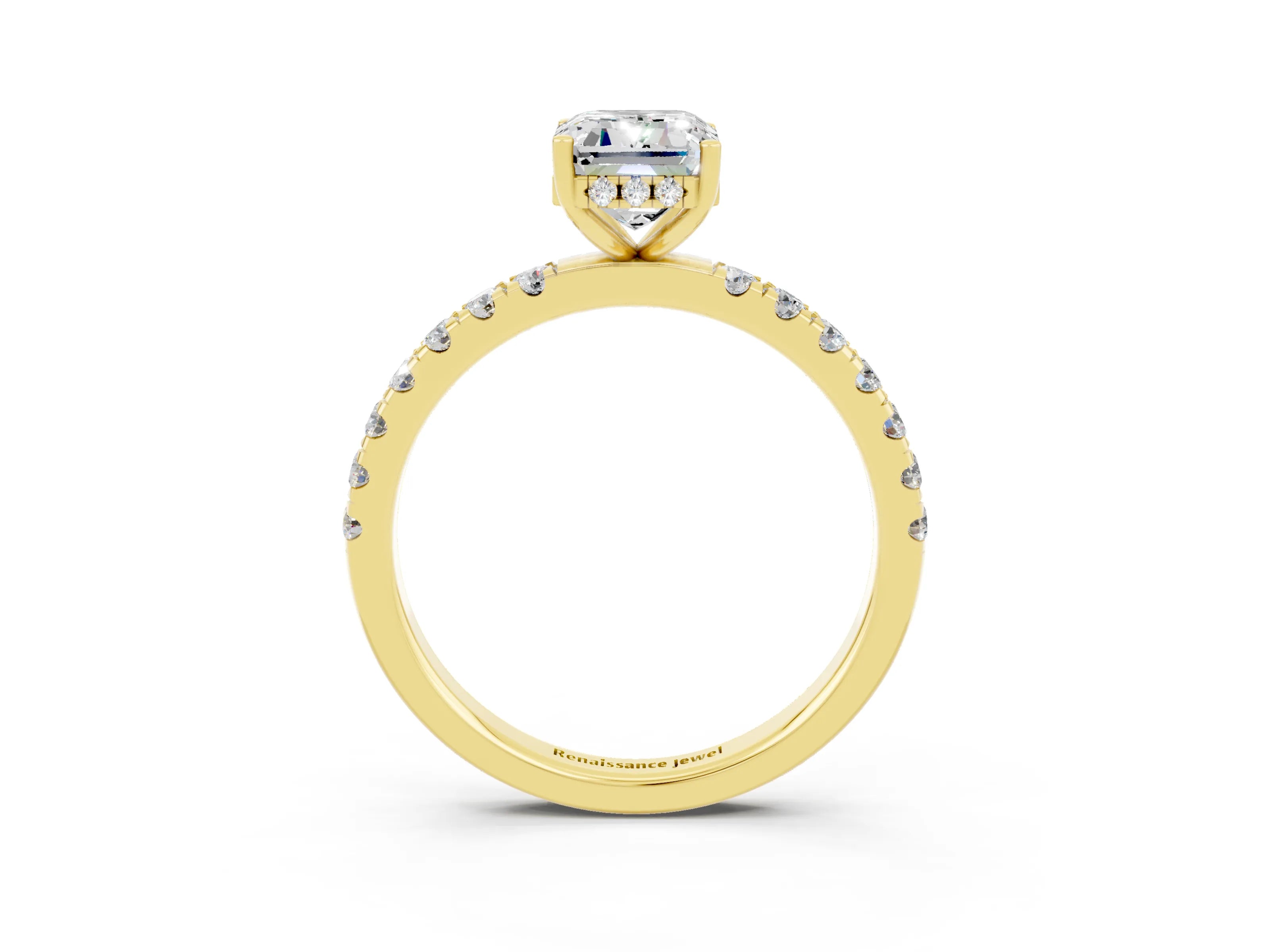 Yellow gold Emerald Cut Moissanite Pave Band Solitaire Ring with Four-Prong Setting_27