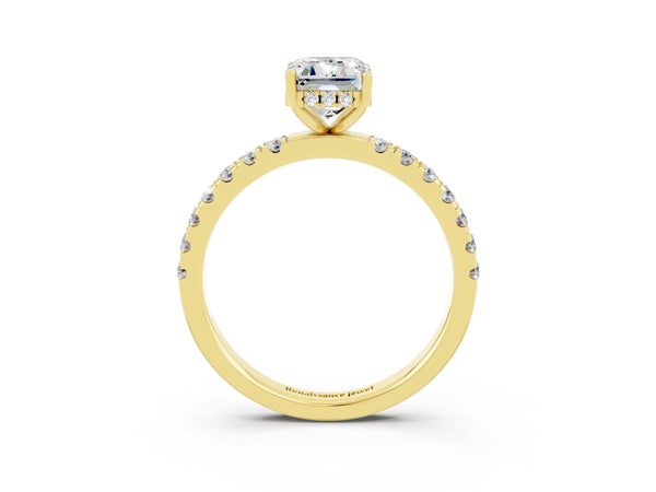 Yellow gold Emerald Cut Moissanite Pave Band Solitaire Ring with Round  and Prong Setting